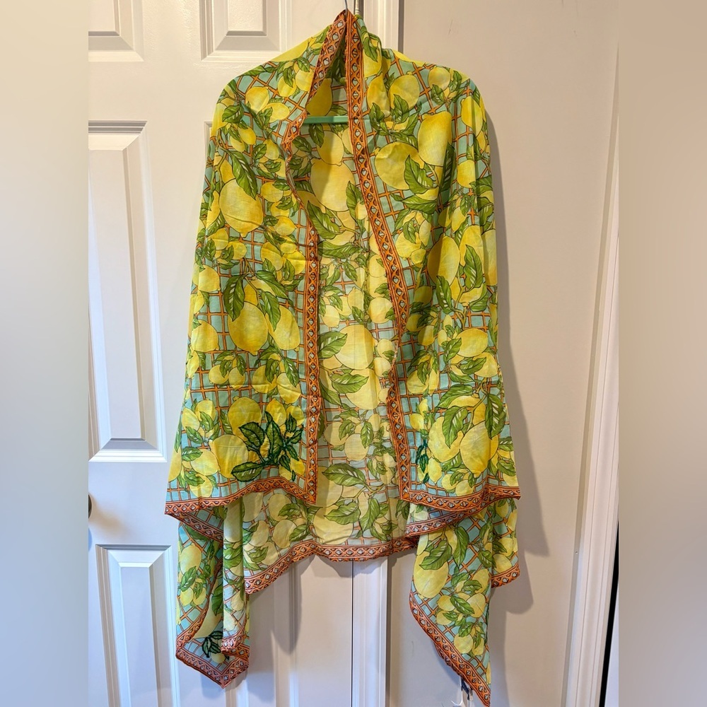 Calypso St. Barth Large Tuscan Lemon Print Embroidered Cotton Scarf NWT
